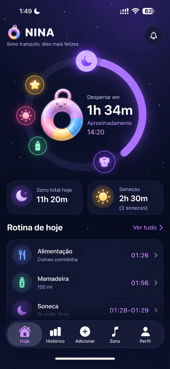 Tela Hoje da Nina com previsão do próximo soninho e rotina diária